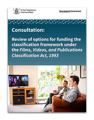 Consultation: Review of options for funding the classification framework under the Films, Videos, and Publications Classification Act, 1993 - cover image - two people watching television.