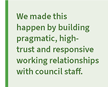 We made this happen by building pragmatic, high-trust, and responsive working relationships with council staff.