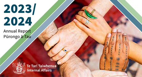 2023/24 Annual Report Purongo Ā Tau. Image shows five hands of diverse ethnicities and genders holding each other by the forearm, woven together in a circle.