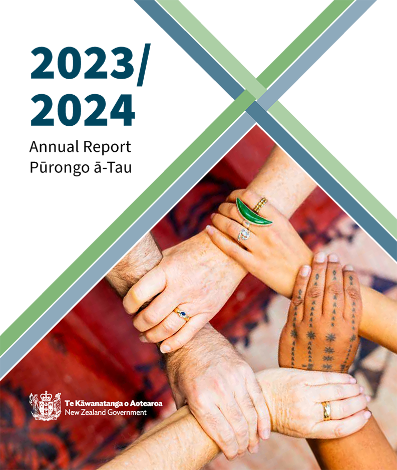 Pūrongo ā-Tau 2023/2024  Annual Report 2023/2024. Image shows five hands of diverse ethnicities and genders holding each other by the forearm, woven together in a cicle