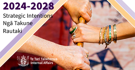 2024-2028 Strategic Intentions - Ngā Takune Rautaki. Image shows many hands of diverse ethnicities and genders all holding onto a single baton.